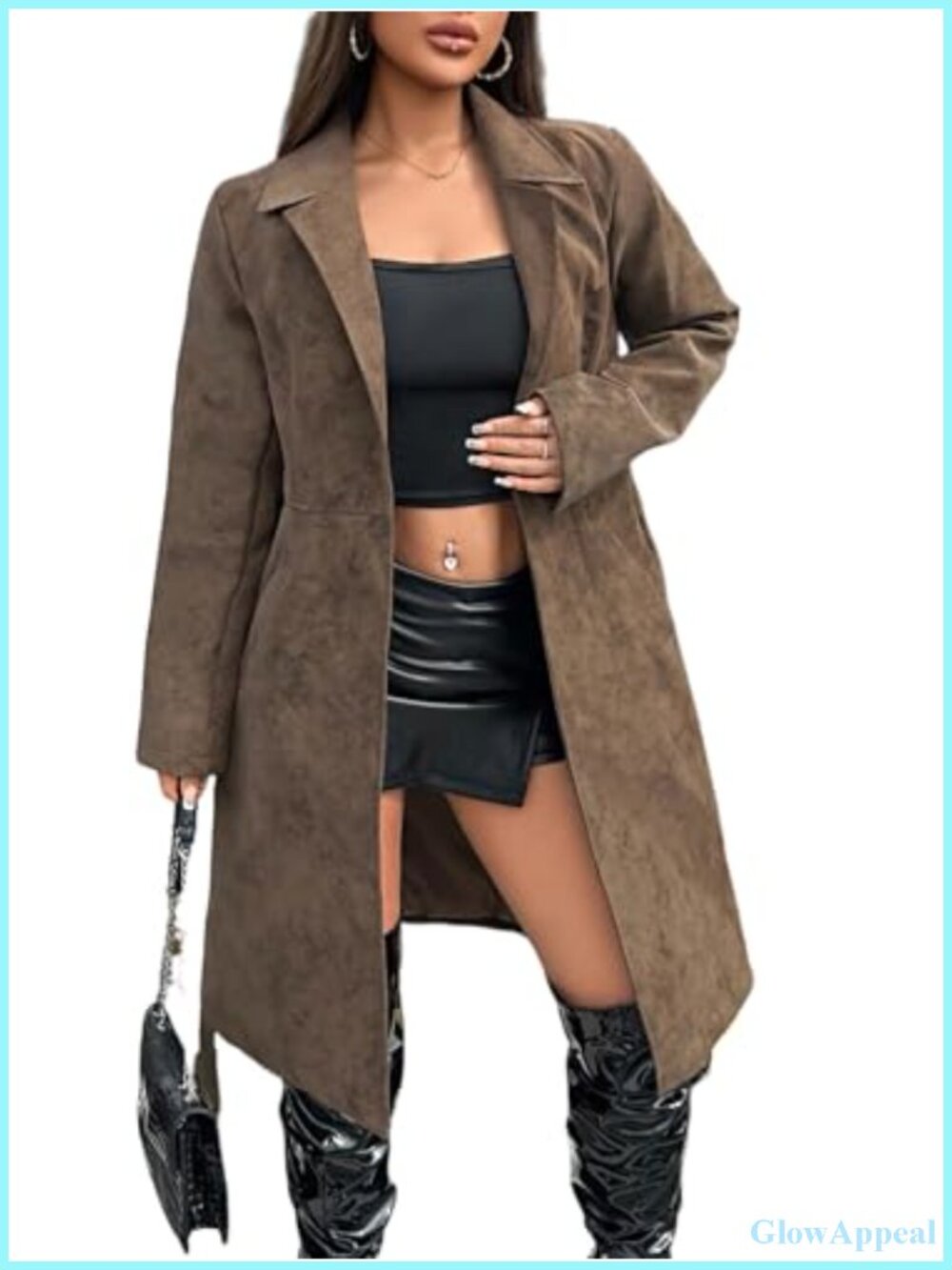 Women Faux Leather Trench Coat Long Suede-Look Belted Jacket Open Front